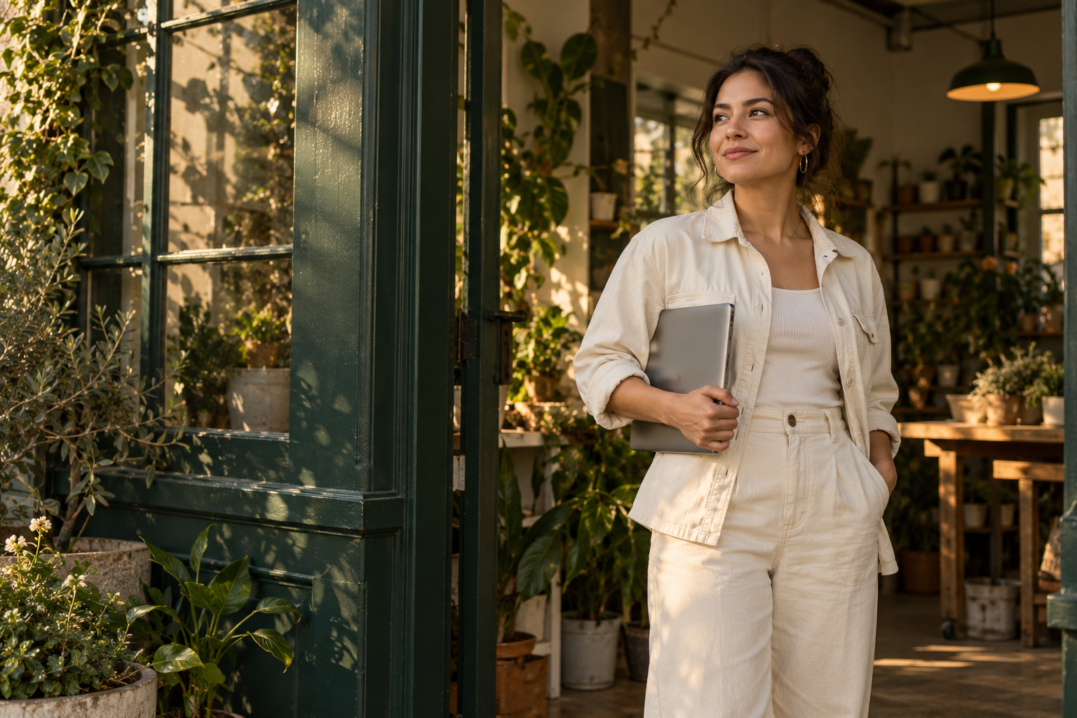 Illustrative AI-created image of a small business owner outside her studio